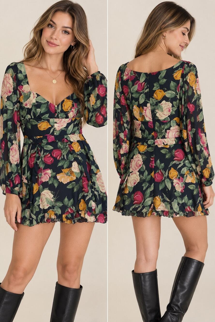 Nicole Miller Silk blend size 10 black floral dress ruffles zip back closure